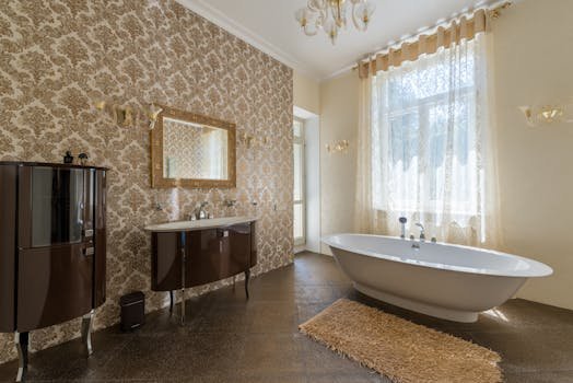 Luxury bathroom featuring a freestanding bathtub, ornate wallpaper, and ample natural light.